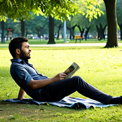 Home 4 A person relaxing in a park after work, enjoying nature and a peaceful atmosphere to relieve stress.