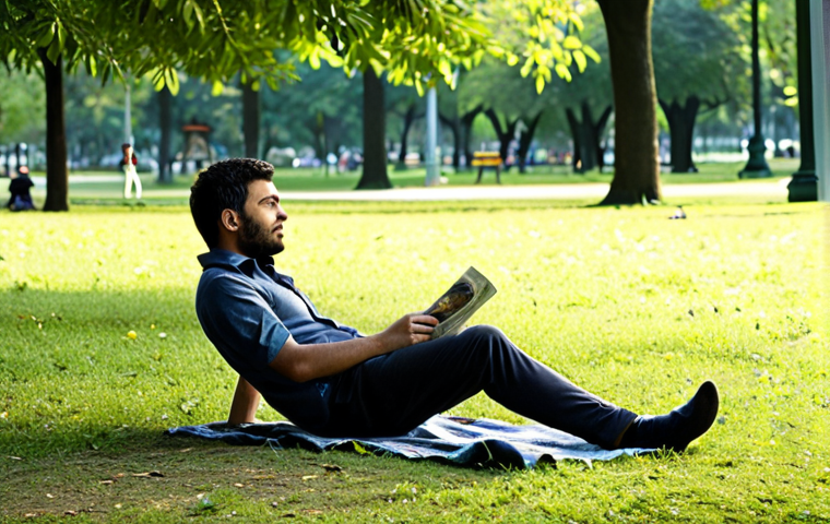 A person relaxing in a park after work, enjoying nature and a peaceful atmosphere to relieve stress.